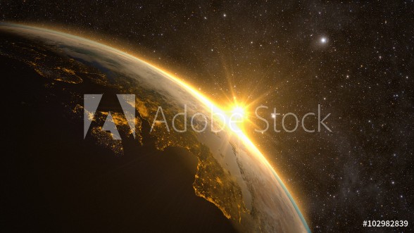 Picture of Planet Earth with a spectacular sunrise view on Europe and Africa